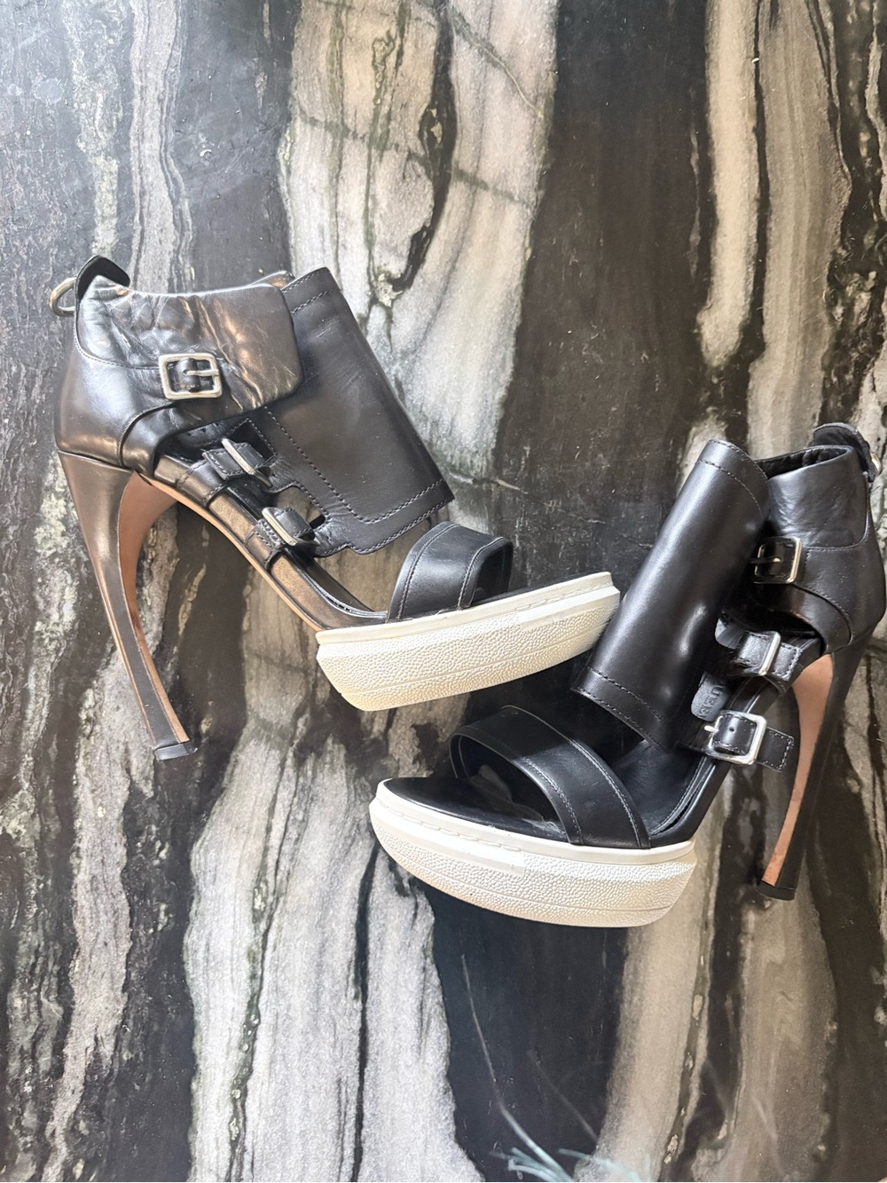 Alexander McQueen Black Leather Platform Heeled Sandals